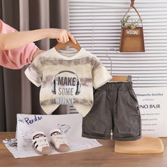 Boys Beige Headphone Graphic Printed Short Sleeve T-Shirt With Shorts Sets