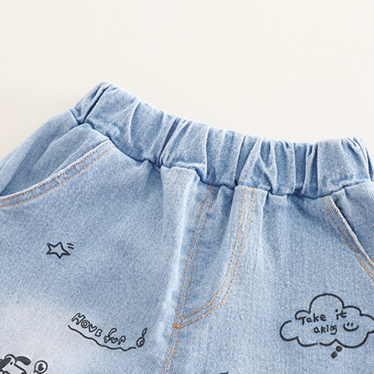 Boys Apricot Graphic Short Sleeves T-Shirt With Printed Denim Shorts Set