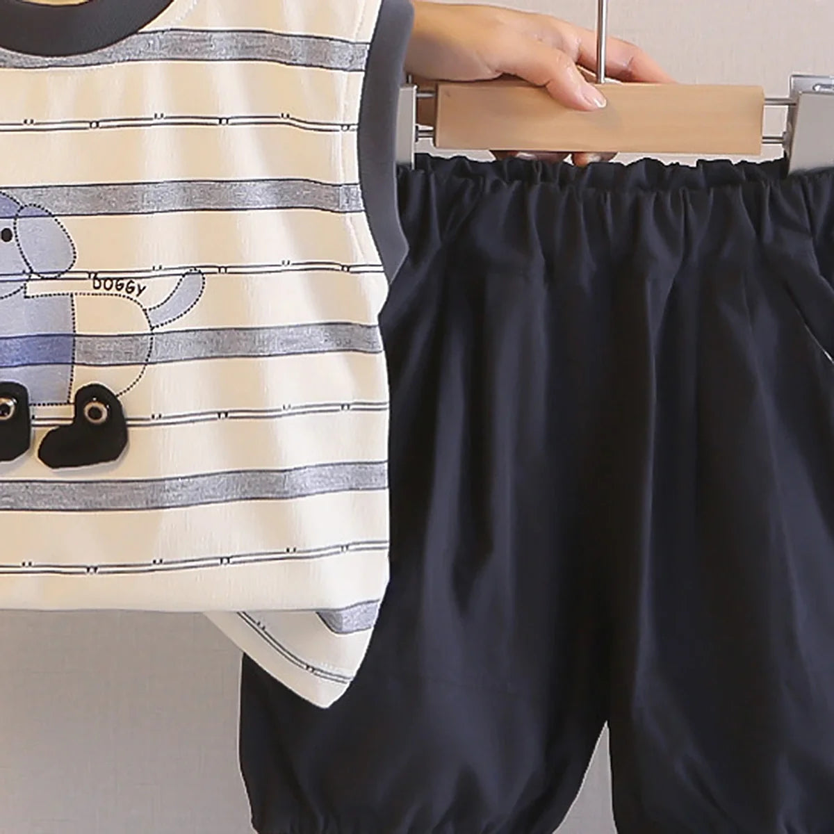 Boys Beige Animal Striped Sleeveless T-Shirt With Elasticated Shorts Sets