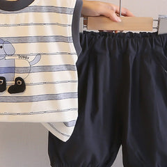 Boys Beige Animal Striped Sleeveless T-Shirt With Elasticated Shorts Sets