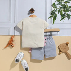 Boys Beige Dinosaur Applique Short Sleeve T-Shirt With Elasticated Shorts Sets