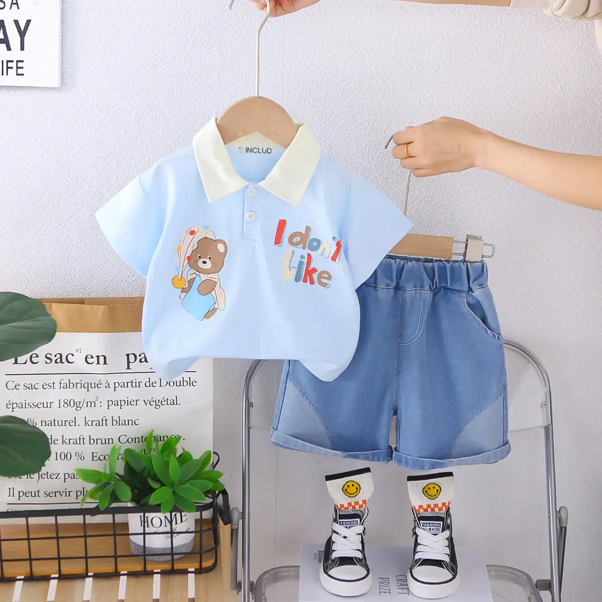 Boys Blue Bear Print Polo T-Shirt With Denim Shorts Sets