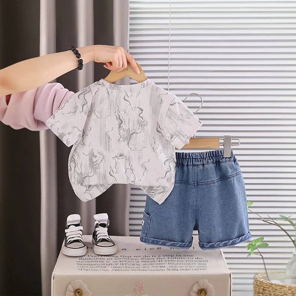 Boys Beige Typographic Printed Short Sleeve T-Shirt With Denim Shorts Sets