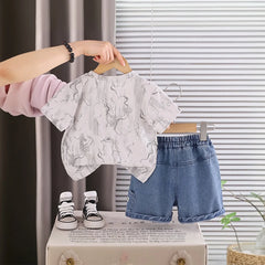 Boys Beige Typographic Printed Short Sleeve T-Shirt With Denim Shorts Sets