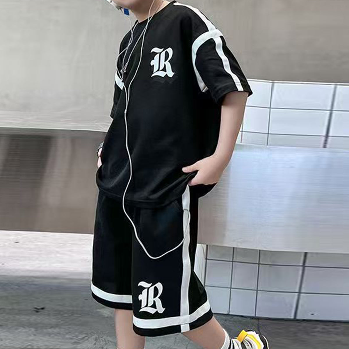 Boys Black Typographic Printed Short Sleeve T-Shirt With Shorts Sets