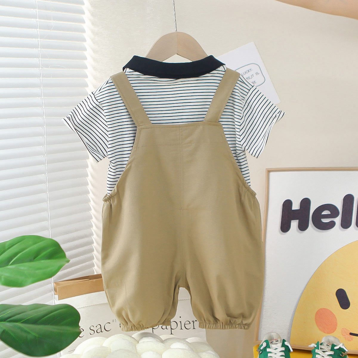 Boys Black Striped Polo T-Shirts With Dungaree Set