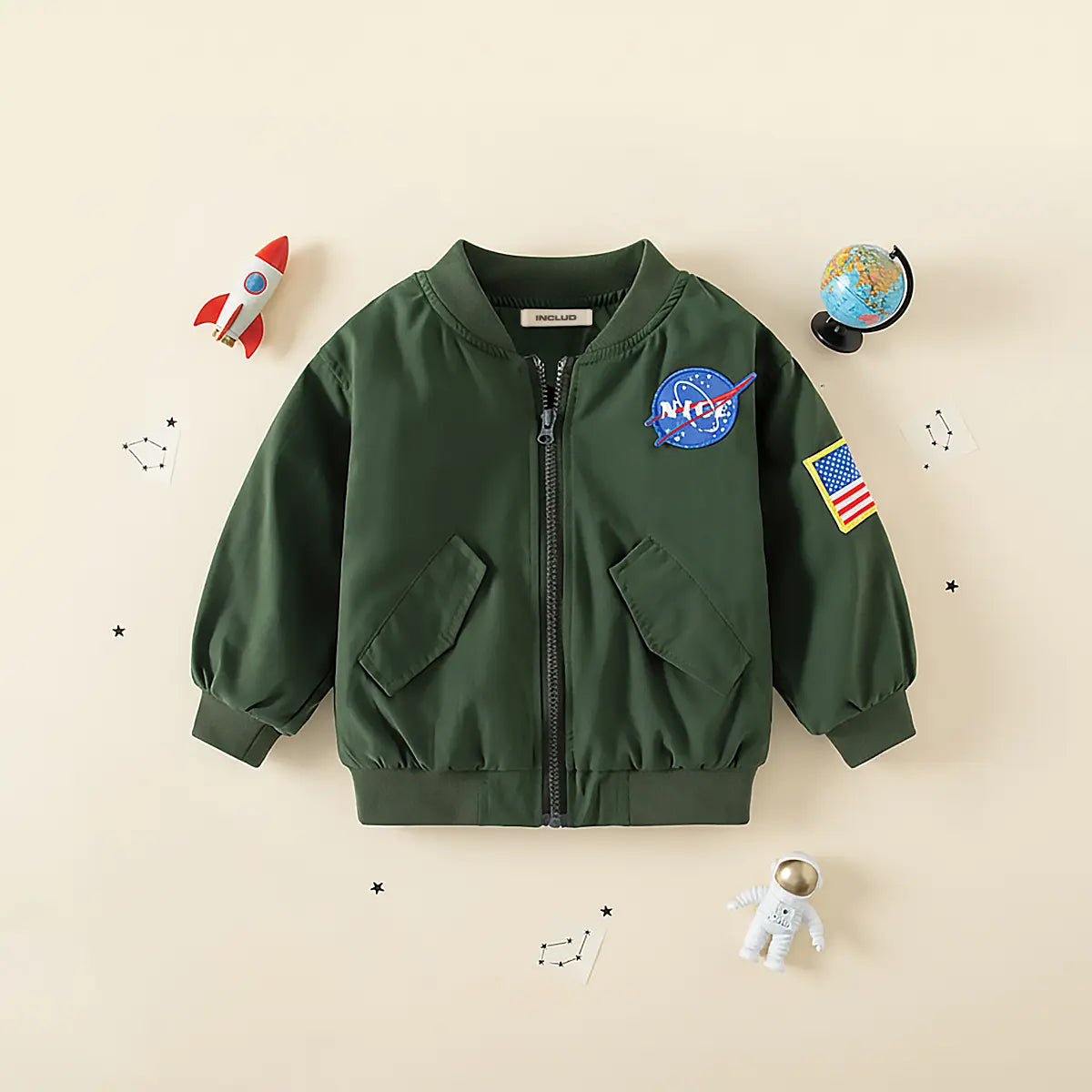 Boys Army Green Varsity Jacket With Flaps