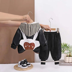 Boys Black Faux Leather Jacket With Striped Hooded Sweatshirt & Jogger Sets