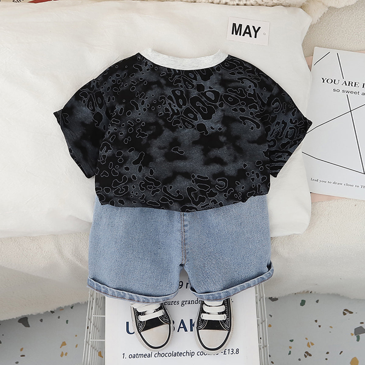 Boys Black Abstract Printed Short Sleeves Round Neck T-Shirt With Denim Shorts Set