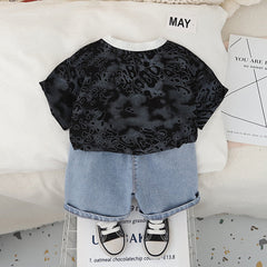 Boys Black Abstract Printed Short Sleeves Round Neck T-Shirt With Denim Shorts Set