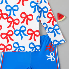 Boys Blue Allover Bow Printed T-Shirt With Shorts Swimwear Sets