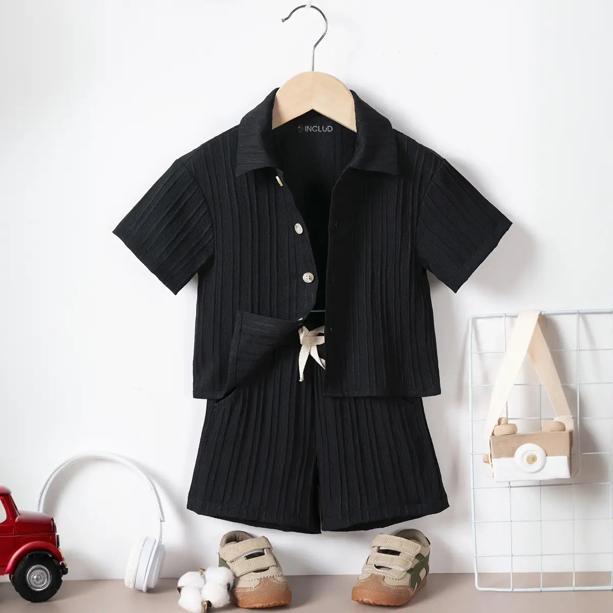Boys Black Stripe Short Sleeves Shirt With Shorts Co-ord Sets