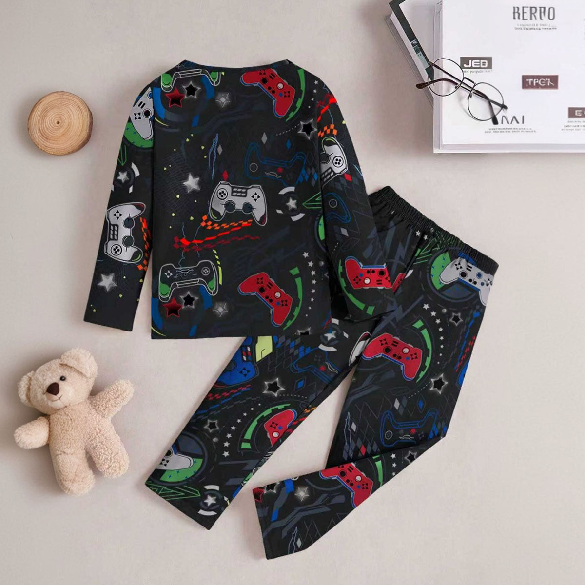 Boys Black Gaming Printed Glow in the Dark T-Shirt & Pajama Co-ord Set