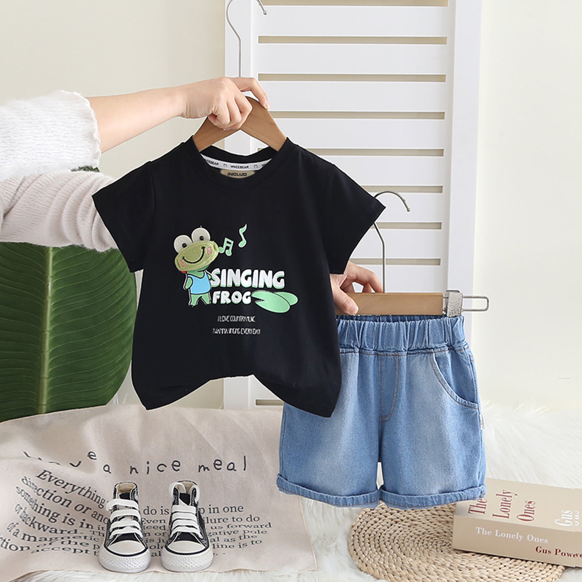 Boys Black Frog Graphic Short Sleeves T-Shirt With Denim Shorts Set