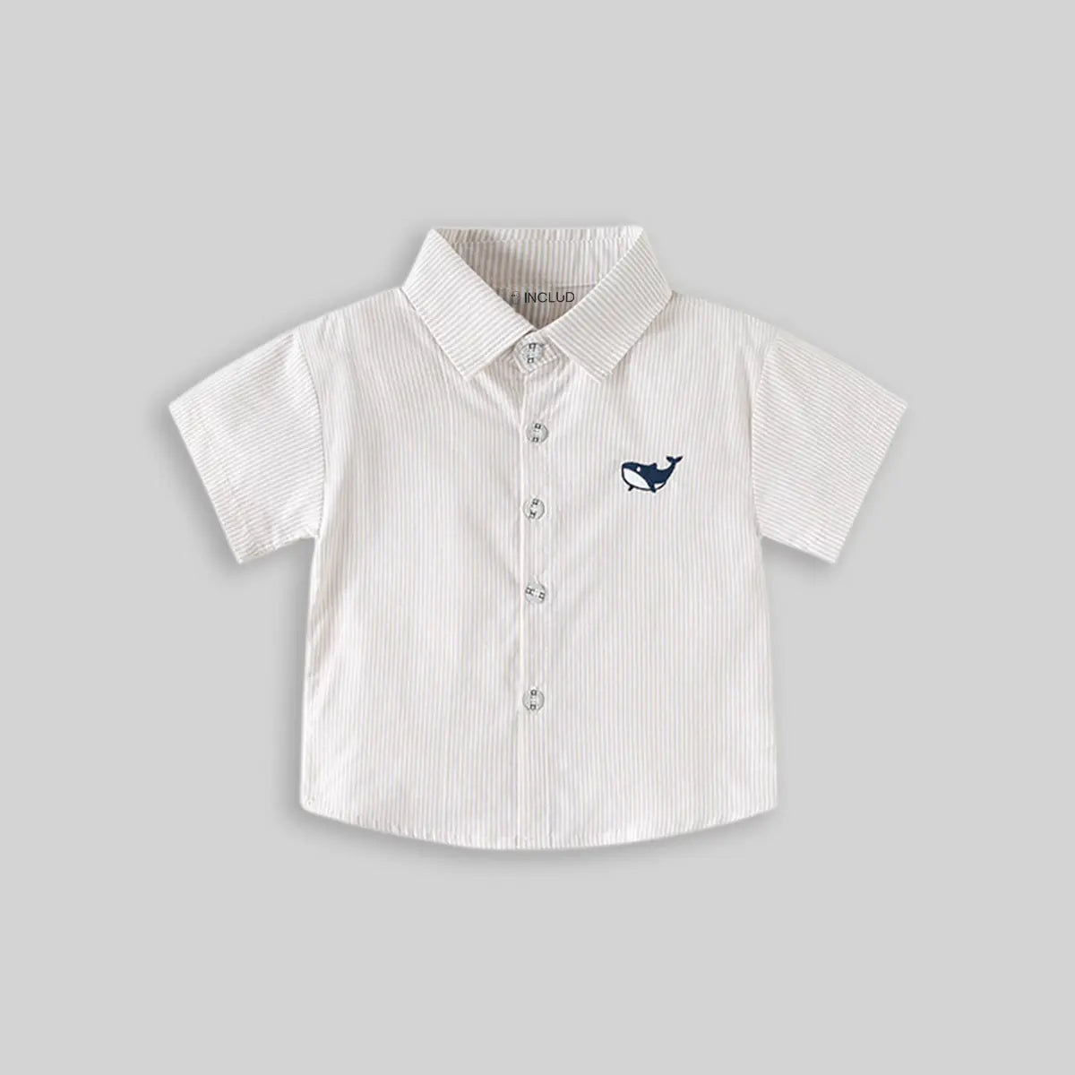 Boys Beige Striped Casual Shirt with Shark Embroidery
