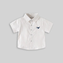 Boys Beige Striped Casual Shirt with Shark Embroidery