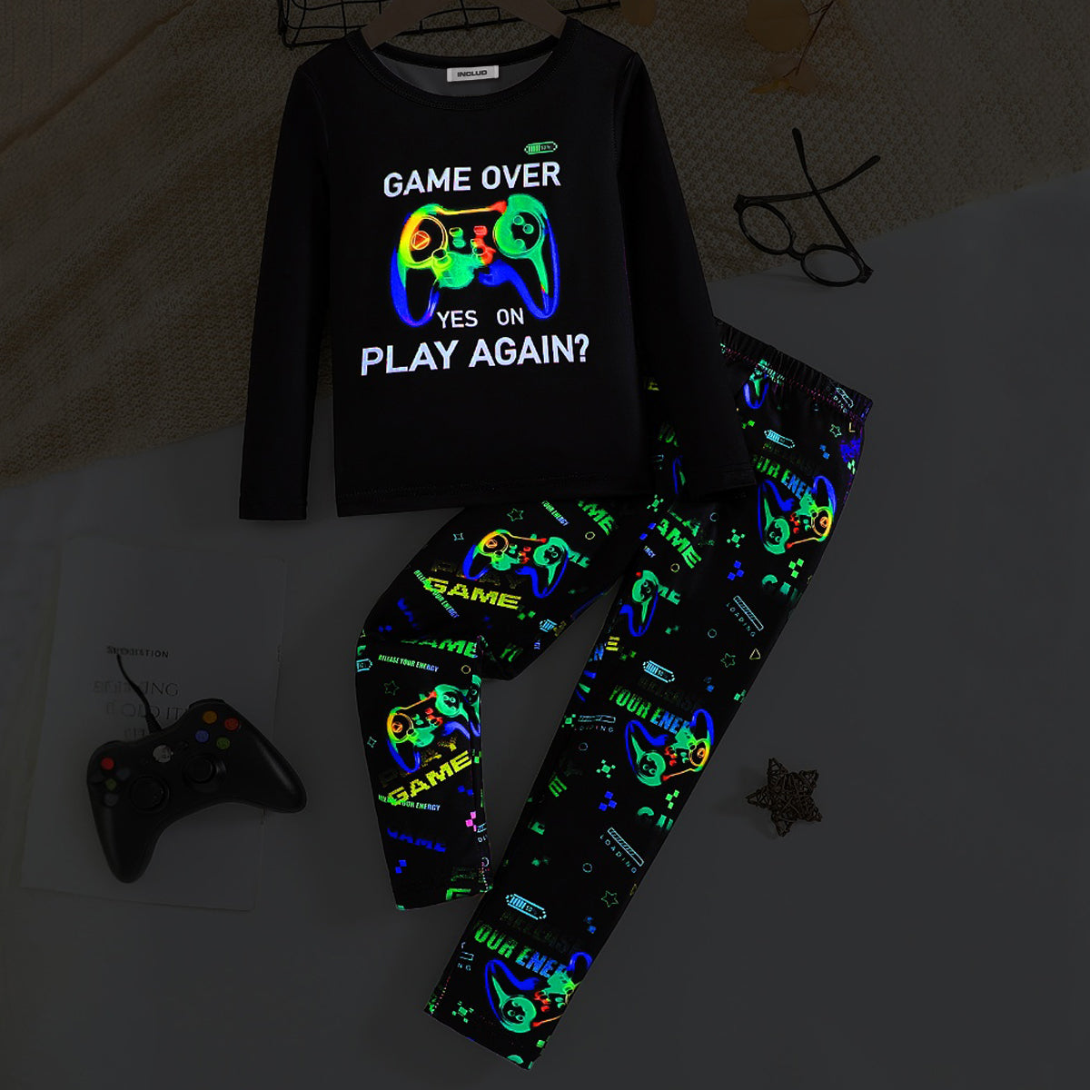 Boys Black Gaming Printed Glow in the Dark T-Shirt with Pajama Set