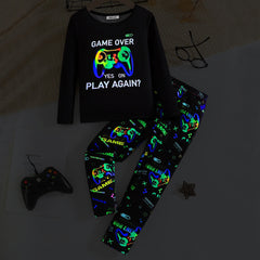 Boys Black Gaming Printed Glow in the Dark T-Shirt with Pajama Set