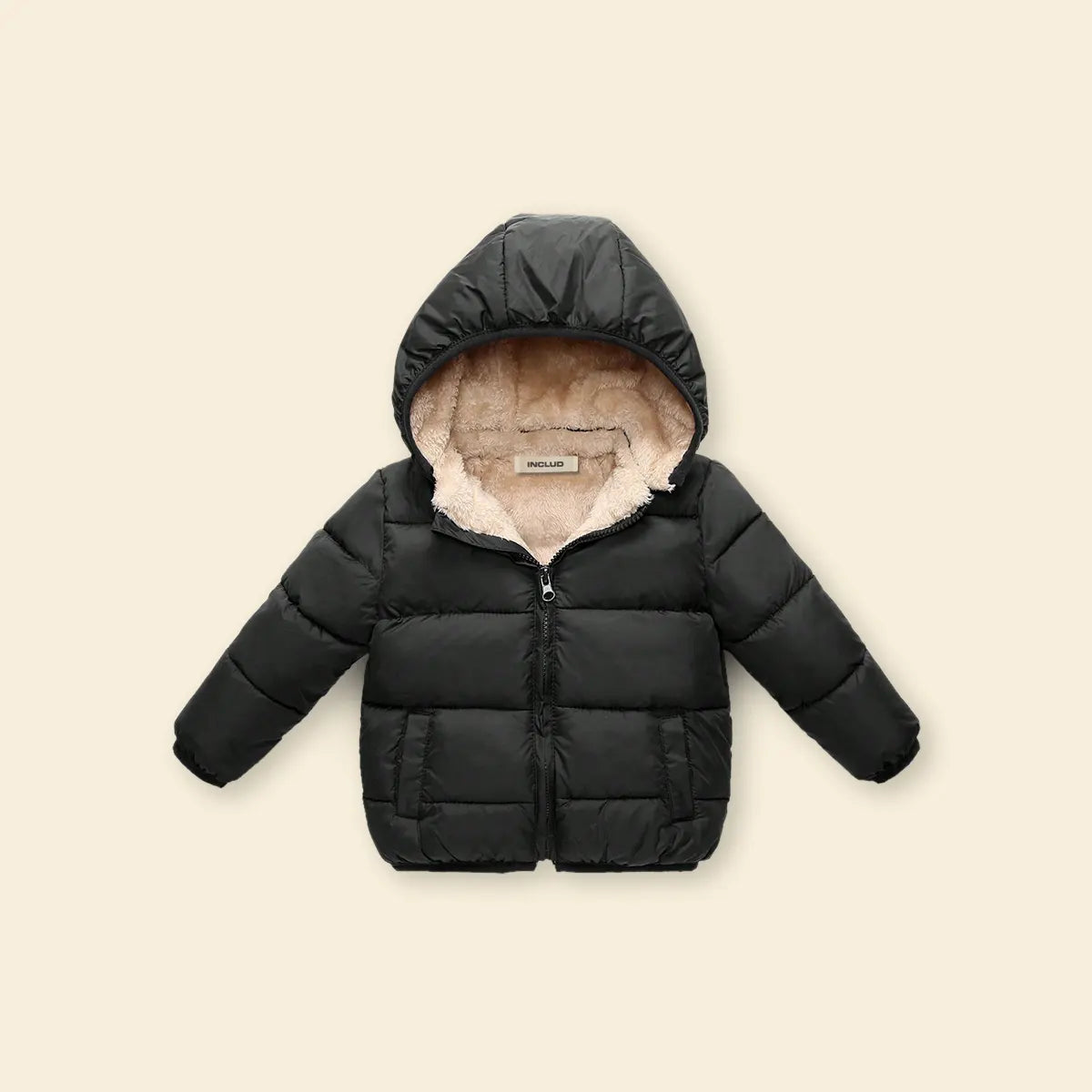 Boys Black Hooded Puffer Jacket With Sherpa Fleece Lining
