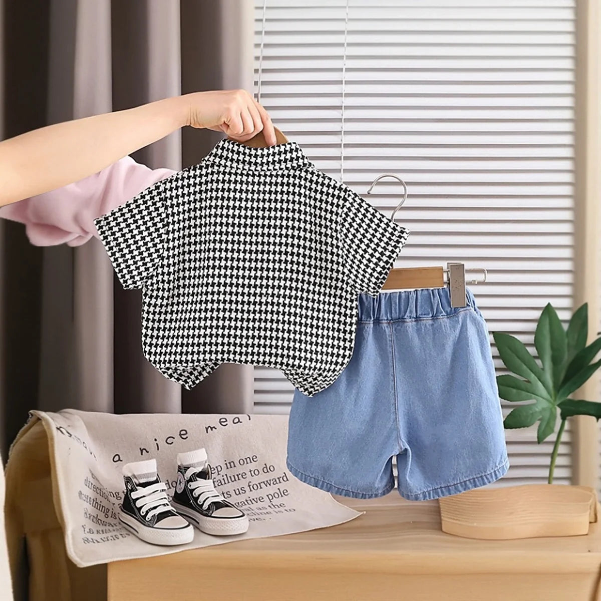 Boys Black Checked Short Sleeve Shirt With Denim Shorts Sets