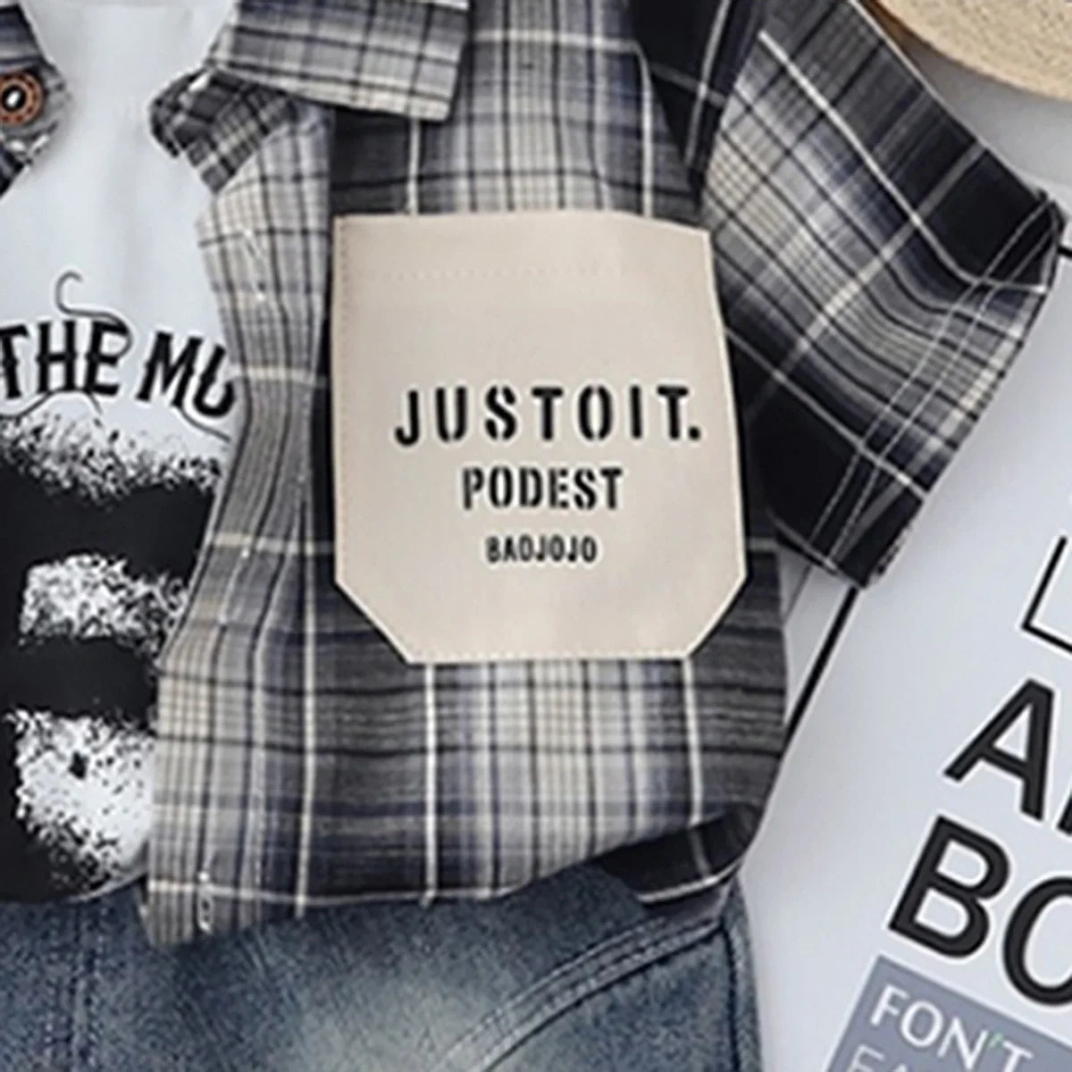 Boys Black Checked Shirt With Printed T-Shirt & Denim Shorts Set