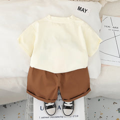 Boys 3D Lion Appliqued T-Shirt With Brown Shorts Set