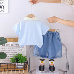 Boys Blue Bear Print Polo T-Shirt With Denim Shorts Sets