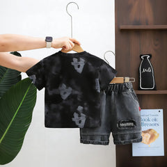 Boys Black Typographic Print Short Sleeves T-Shirt With Denim Shorts Set