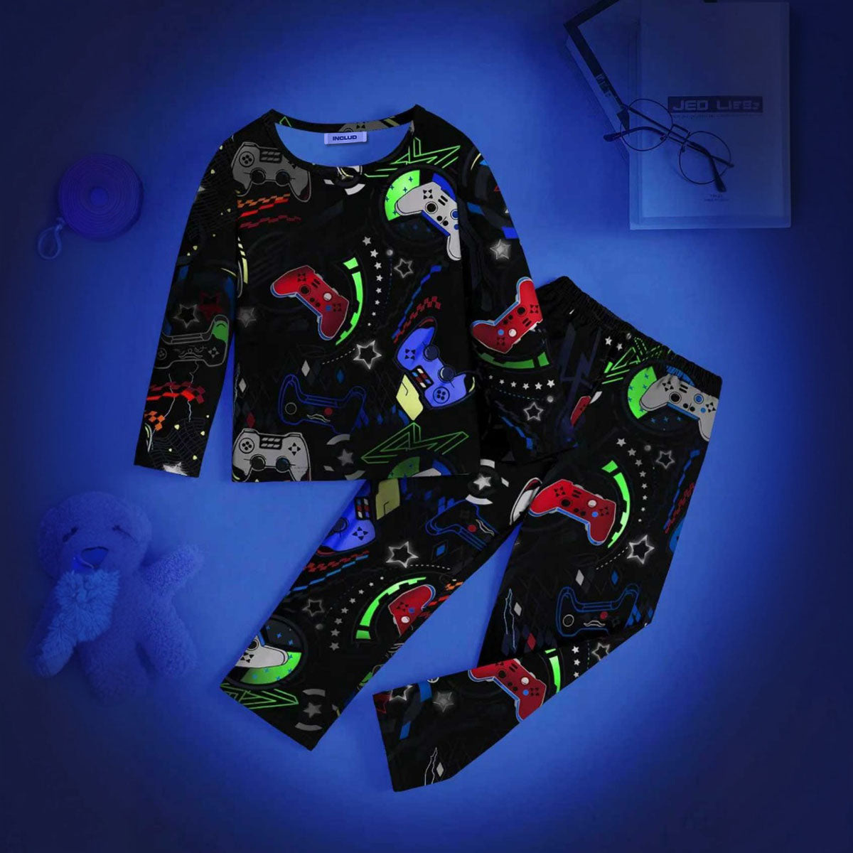 Boys Black Gaming Printed Glow in the Dark T-Shirt & Pajama Co-ord Set