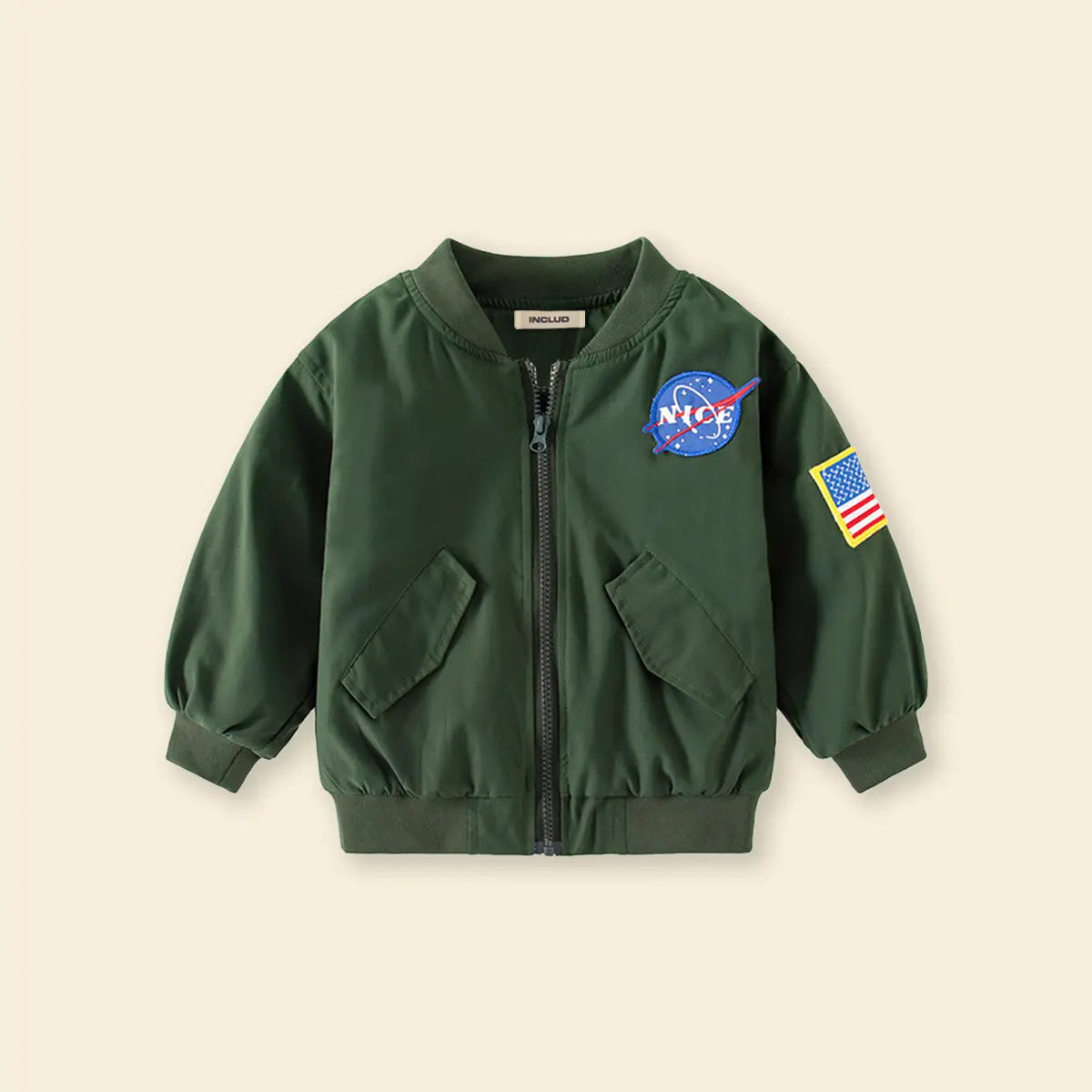 Boys Army Green Varsity Jacket With Flaps