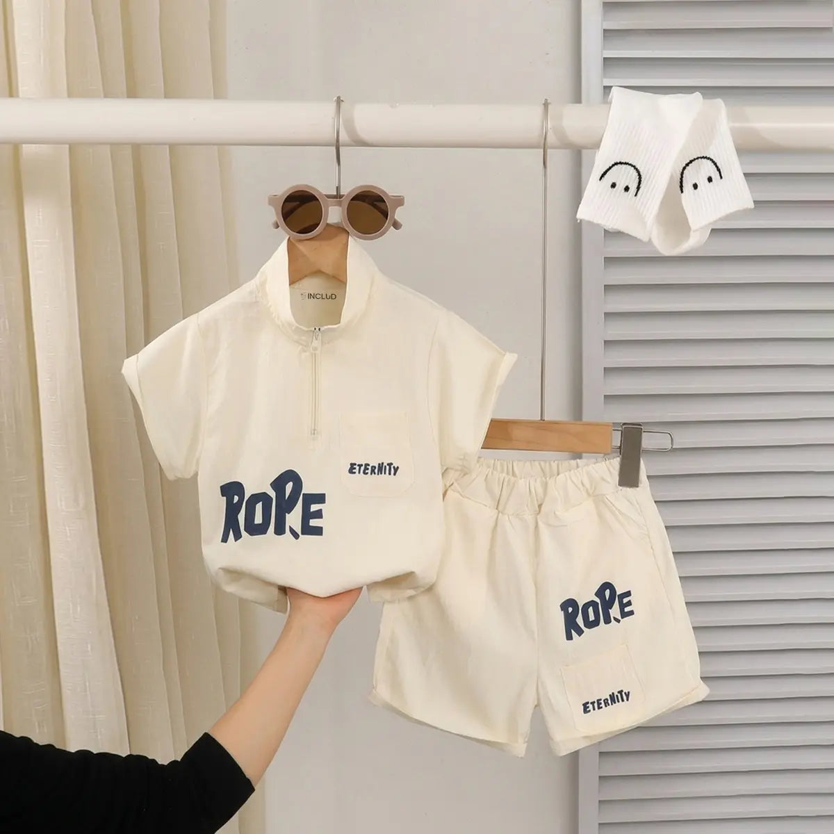 Boys Beige Typographic Printed Short Sleeve T-Shirt With Elasticated Shorts Sets