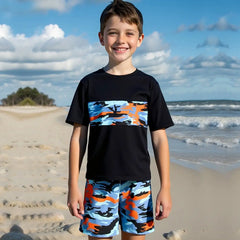 Boys Black Camouflage Printed Short Sleeves T-Shirt & Shorts Swimsuit Sets