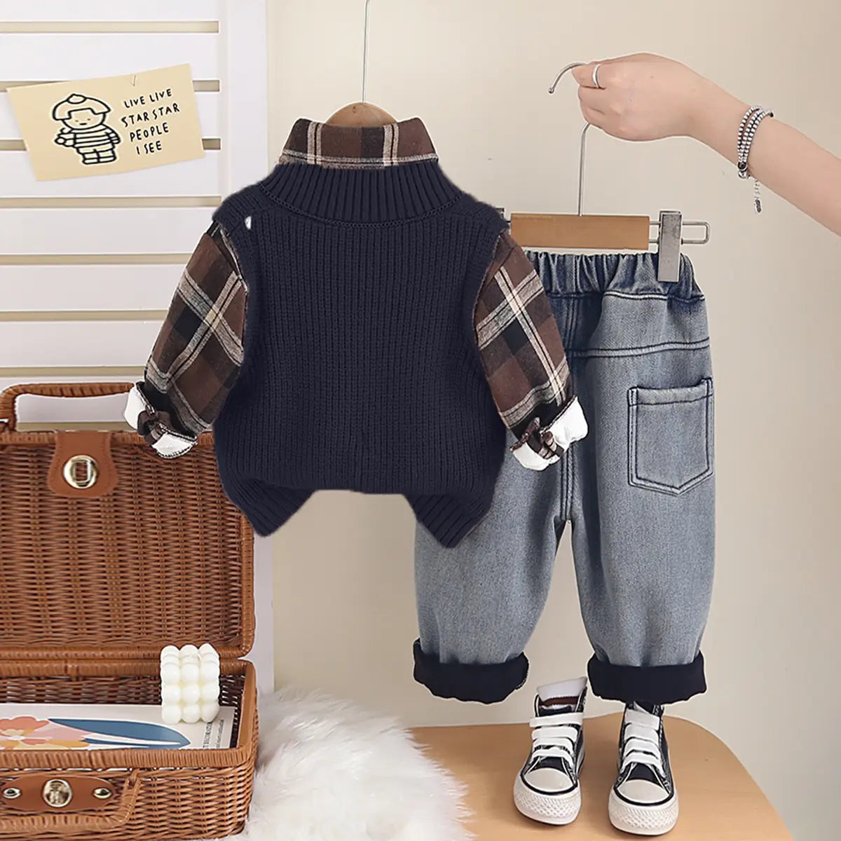 Boys Black Sweater Vest With Checked Shirt & Denim Pant Sets