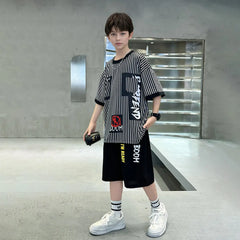 Boys Black Stripes Short Sleeves Oversized T-Shirt With Shorts Set