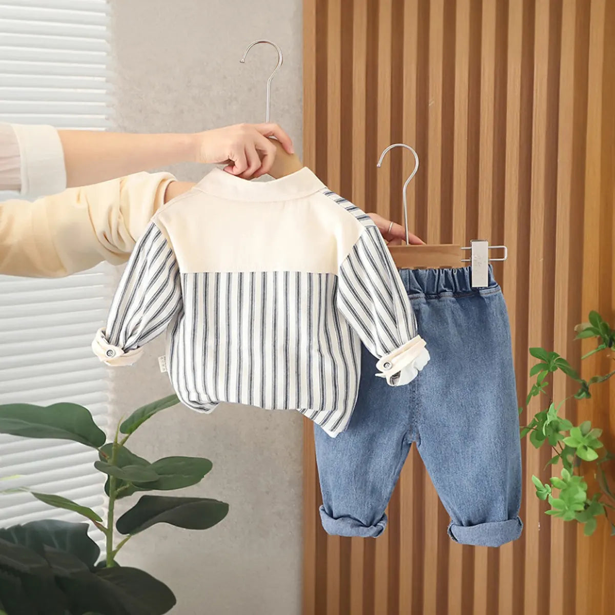 Boys Black Stripe Long Sleeve Shirt with T-shirt & Denims Set