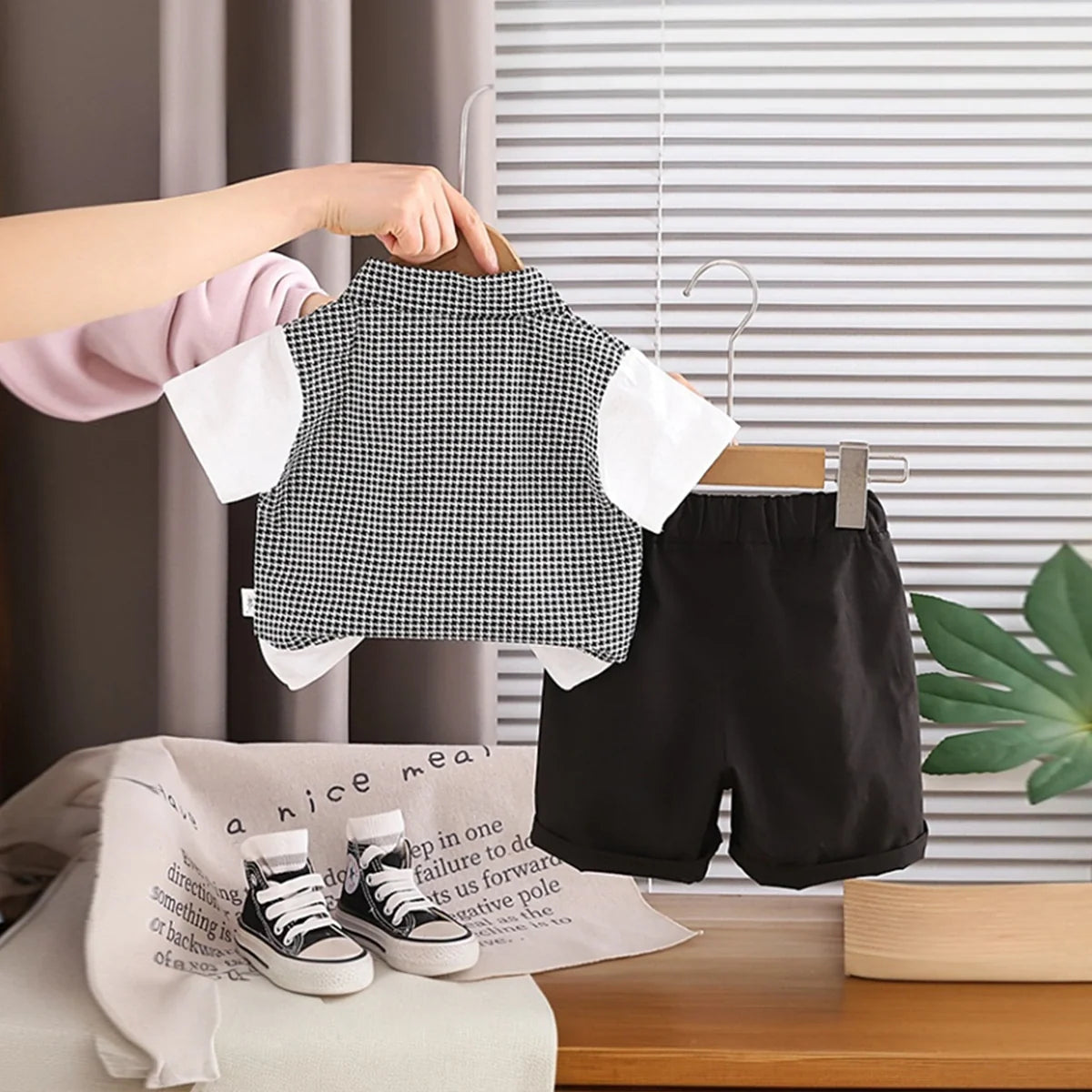 Boys Black Houndstooth Fake waistcoat Shirt With Shorts Sets