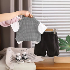 Boys Black Houndstooth Fake waistcoat Shirt With Shorts Sets