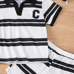 Boys Black Short Sleeve Striped Polo T-Shirt With Shorts Sets