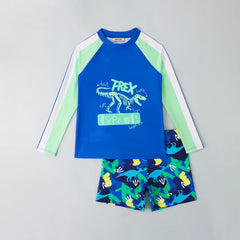 Boys Blue Graphics Long Sleeves T-Shirt & Shorts Swimsuit Sets