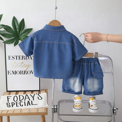 Boys Blue Denim Short Sleeves Shirt & Shorts Co-ord Sets