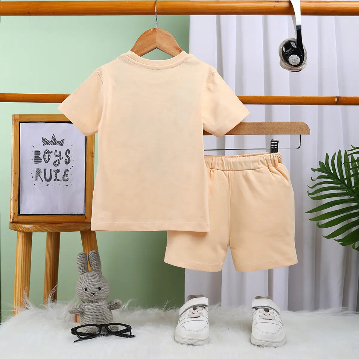 Boys Apricot Graphic Short Sleeves T-Shirt With Drawstring Shorts Sets