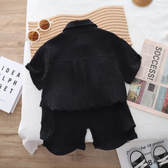 Boys Black Typographic Printed Short Sleeve Shirt With Elasticated Shorts Sets