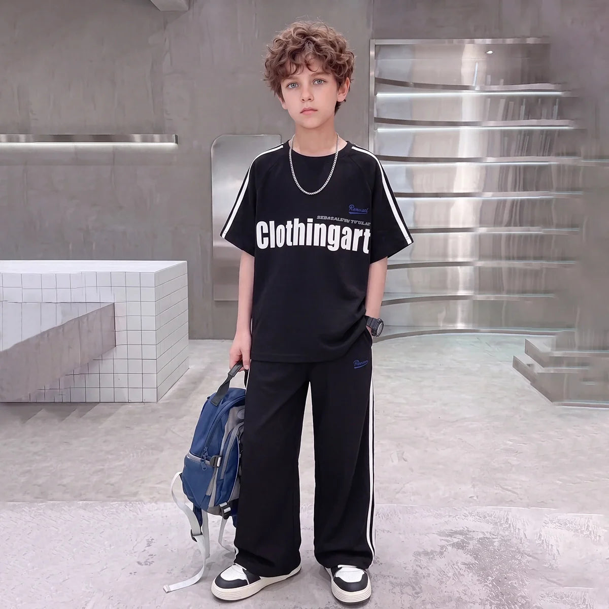 Boys Black Typographic Raglan Sleeve T-Shirt With Pants Sets