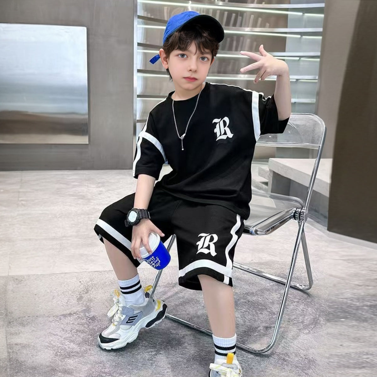 Boys Black Typographic Printed Short Sleeve T-Shirt With Shorts Sets