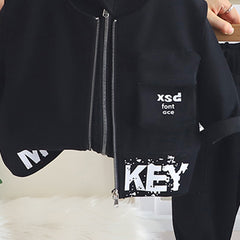 Boys Black Typographic Printed Hooded Sweatshirt With Sleeveless Jacket & Joggers Set
