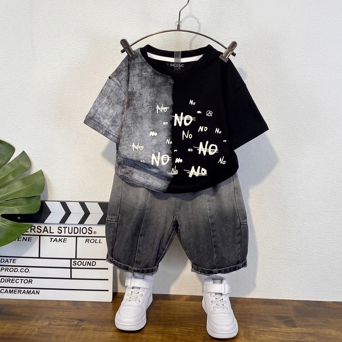 Boys Black Short Sleeve Typography Print T-Shirt With Denim Shorts Sets