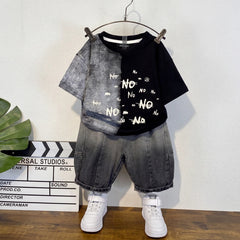 Boys Black Short Sleeve Typography Print T-Shirt With Denim Shorts Sets