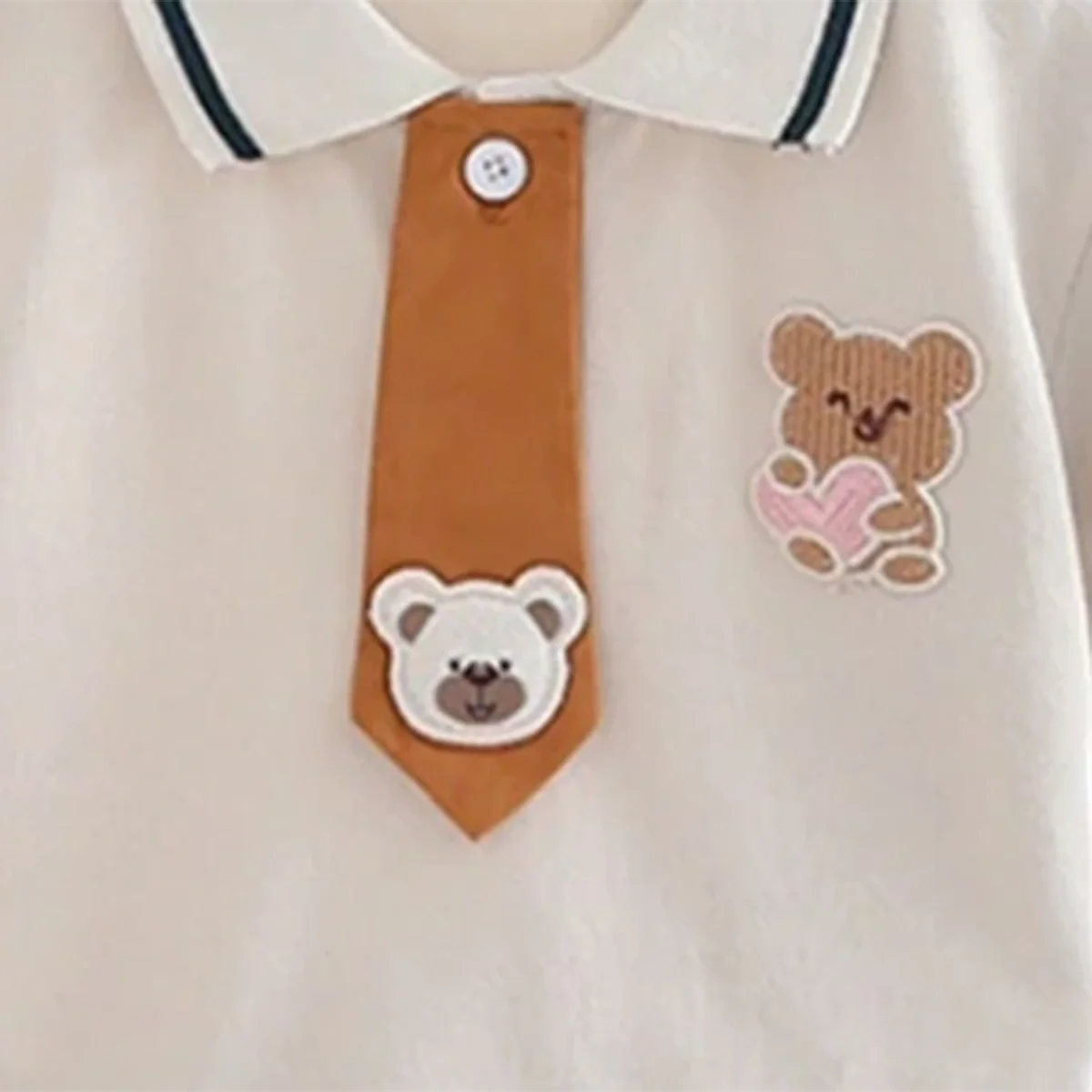 Boys Bear Patch Embroidered Polo T-Shirt With Necktie & Dark Green Shorts Set