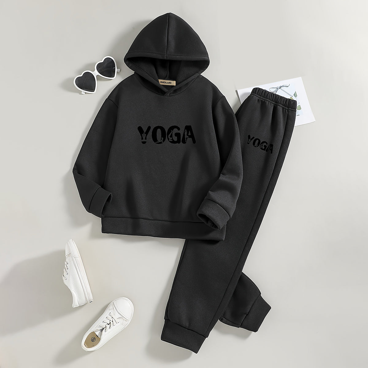 Boys Black Yoga Printed Hooded Sweatshirt with Joggers Set
