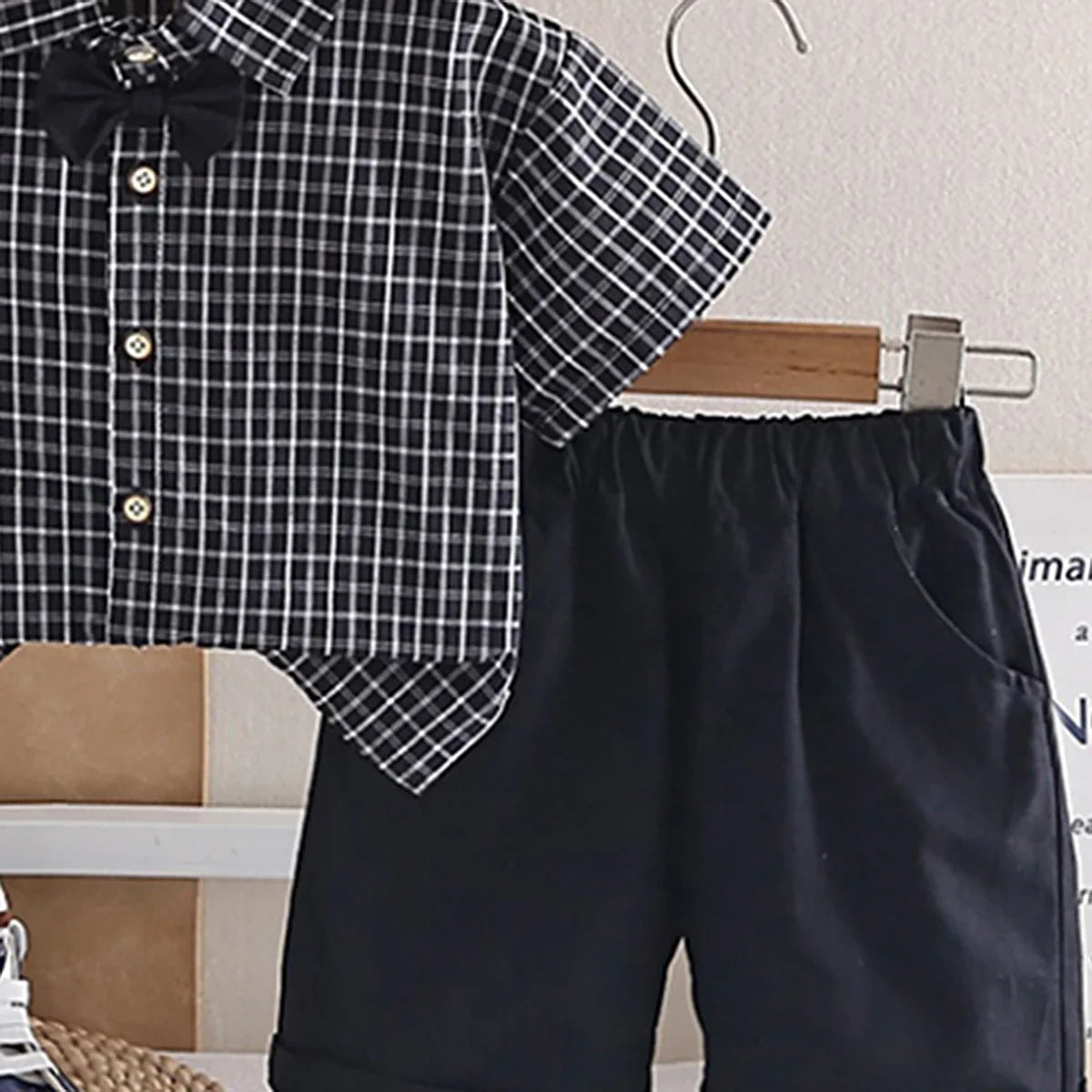 Boys Black Checked Short Sleeve Shirt with Shorts Sets